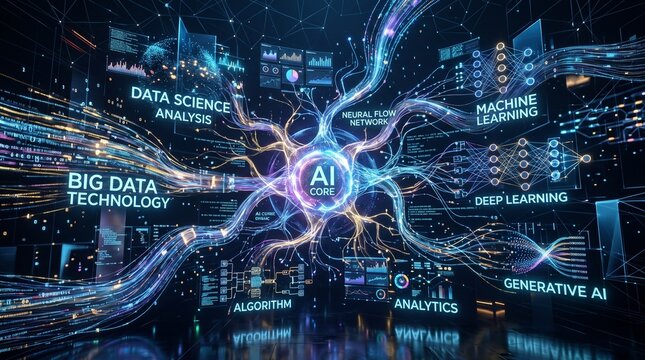 Artificial Intelligence Network Visualization, Generative AI Technology, Machine Learning Innovation, Digital Data Science and Future Automation, 8K image 
