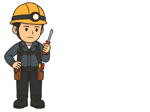 Construction worker holding a broken screwdriver, industrial tool damage troubleshooting illustration with copy space