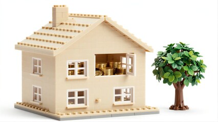 Fototapeta premium Lego house filled with gold coins, beside a green tree.
