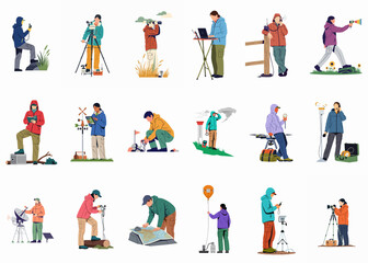 Fototapeta premium Collection of flat vector illustrations depicting scientists and researchers conducting various field studies, data collection, and environmental monitoring in outdoor settings.