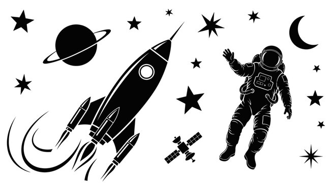 A black silhouette of a rocket and astronaut in deep space