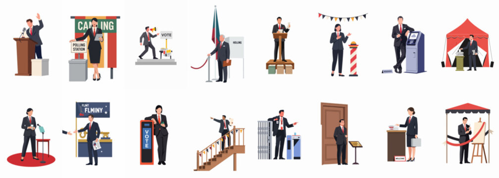 Collection of vector illustrations depicting various scenes from a political election, including public speeches, voting at polling stations, and campaign events.