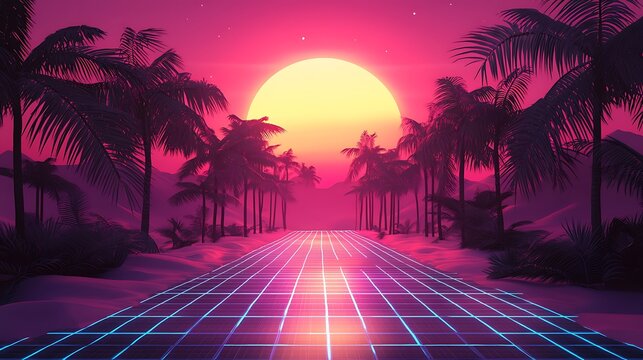 Neon retro sunset road landscape