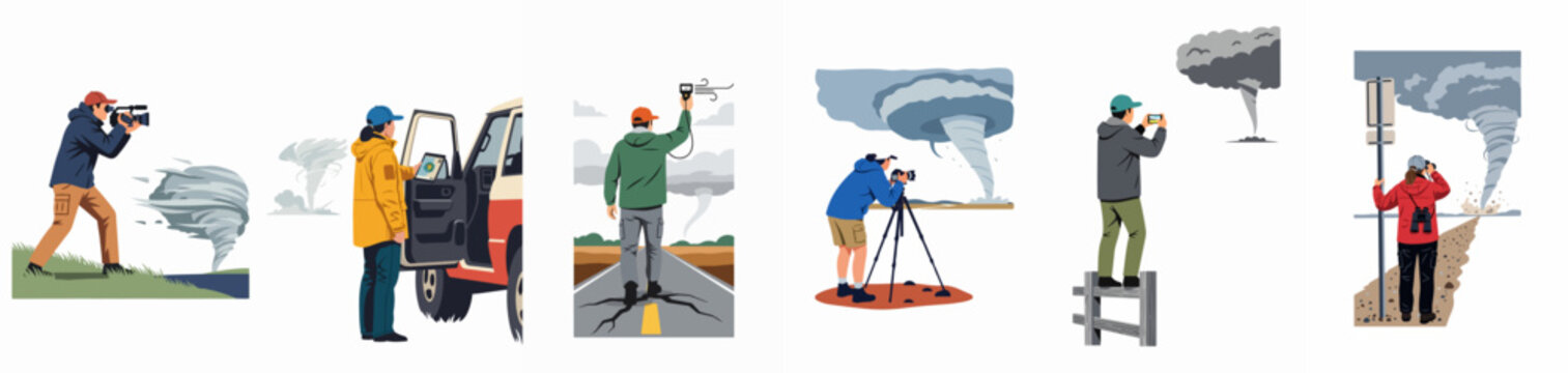 A collection of illustrations showing storm chasers observing, filming, and measuring tornadoes in various outdoor settings using cameras, tablets, and specialized equipment.