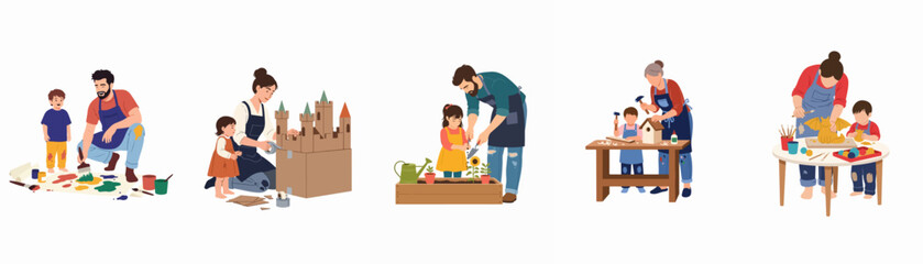 Vector illustrations set of parents and children engaged in creative hobbies together, including painting, building cardboard castles, gardening, woodworking, and clay sculpting.
