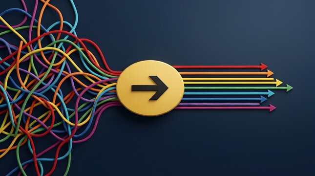 Colorful tangled ropes converting into organized straight arrows representing business process simplification and clear direction