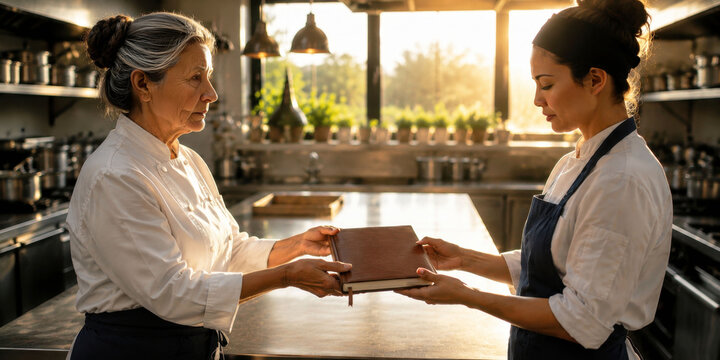 Experienced chef passing handwritten family recipe book to young chef, culinary legacy, mentorship and tradition in professional kitchen