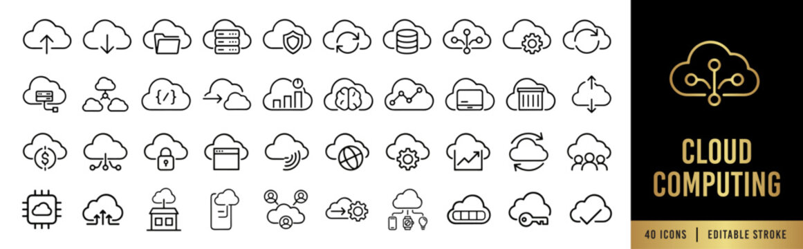 Cloud Computing Line Icon Set. Cloud Infrastructure, Network Security, FinOps Cost Management, Server Hosting, and AI Integration. 40 Editable Stroke Vectors for DevOps SaaS UI.