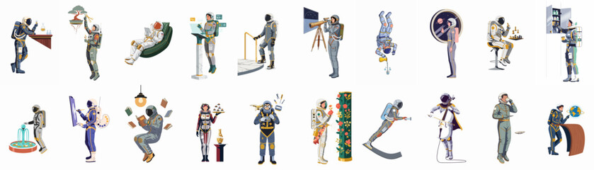 A collection of eighteen illustrations depicting astronauts in various everyday and artistic activities, set in a surreal space-themed environment. © somchai
