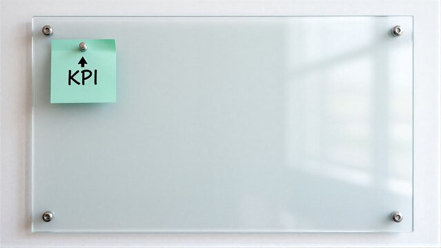 Glass board with sticky note: "KPI " indicating key performance indicator goals.