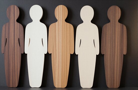 Five wooden and white silhouette figures stand in a row against a dark background.