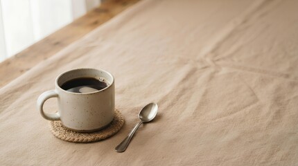 A simple ceramic mug with a metal spoon resting beside it, placed in the lower left corner of a large warm beige surface, with most of the background left empty as negative space.
