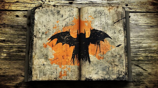 Open book with bat illustration on weathered wood