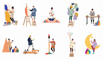 Naklejka premium Diverse collection of creative artists and painters characters engaged in various artistic activities including painting, mural work, and crafting in flat style.