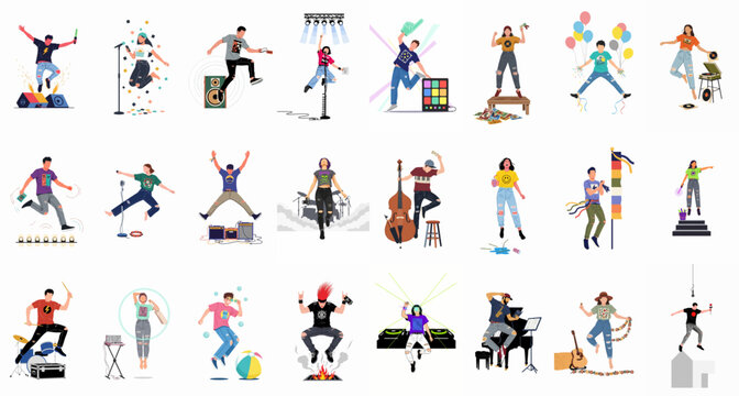 Vector illustration set of diverse people performing, dancing, and celebrating at music festivals and concerts, featuring musicians, DJs, singers, and joyful fans.