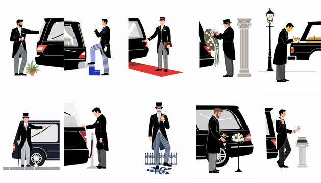 Vector illustration set featuring professional funeral directors and undertakers in formal attire providing ceremonial services and managing luxury hearses for burial rituals.