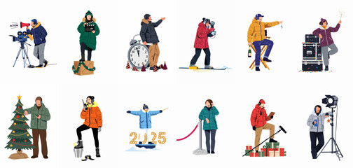A collection of film crew characters in winter clothing, celebrating the holidays and the new year 2025 while working on set. © arjun