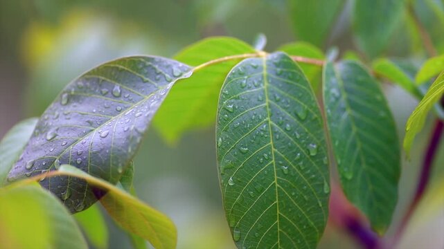 Water droplets on walnut leaves after rain