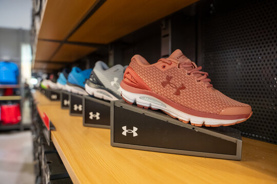 Close up of Under Armour running shoes in store. Toronto, Canada - July 13, 2026.