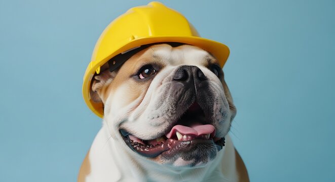 Bulldog wearing yellow hard hat