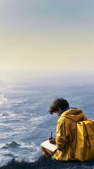 Fototapeta premium Traveler writing a bucket list with dreamy coastal atmosphere, cinematic sky and vast copy space, minimalist luxury travel concept, emotional lifestyle storytelling, premium tourism advertising backgr