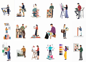 Fototapeta premium Set of creative professionals, designers, and artists working on projects, including architecture, graphic design, and painting, in a flat vector illustration style.