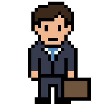 Cute 8-bit pixel art male entrepreneur mascot, corporate business profession vector illustration for retro games