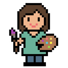 Fototapeta premium Pixel art female artist painter character holding a brush and a colorful palette.