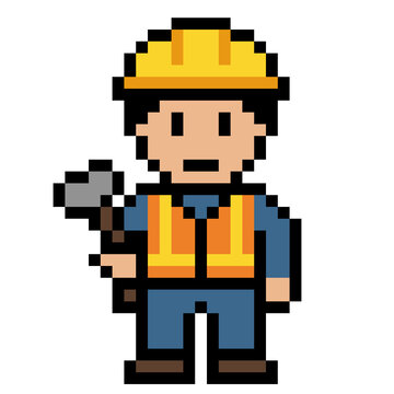 Pixel art construction worker character holding a hammer, isolated male builder with hard hat and safety vest