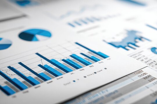 Close-up view of business charts and graphs on printed white paper, showcasing data visualization in varying blue shades