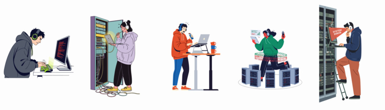 Flat Illustration Collection of IT Professionals, Hackers, and System Administrators Working with Computers, Server Racks, and Data in Various Challenging Scenarios.