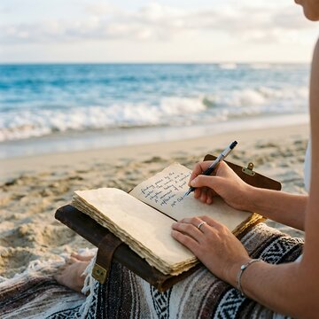 Woman writing in journal on beach with ocean waves in background.