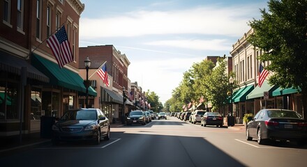 Naklejka premium Small town street with brick buildings and american flags
