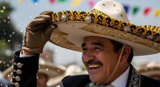 Smiling man in traditional Mexican charro outfit