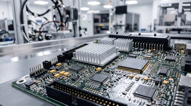 Electronic Circuit Board with Microchips and Heat Sinks on Assembly Line in Modern Automated Factory