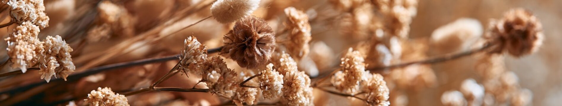 Autumn Panoramic close up of dried wildflowers and seed heads in warm neutral beige and brown tones with shallow depth of field