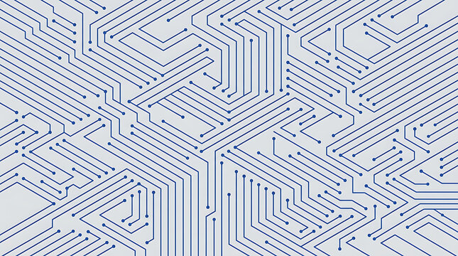 Isometric vector illustration of a dense blue electronic circuit board pattern with conductive traces and connection points on a light grey background for tech hardware design.