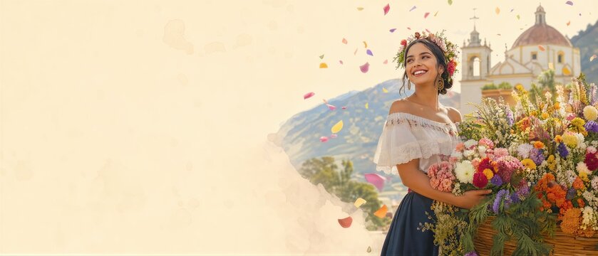 Colombian woman dressed in traditional costume carrying large flower basket during La Feria de las Flores. Cultural celebration, spring festival, joyous atmosphere. Banner with copy space