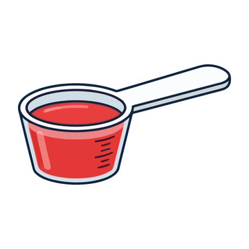 Plastic measuring spoon filled with red liquid medicine syrup vector illustration