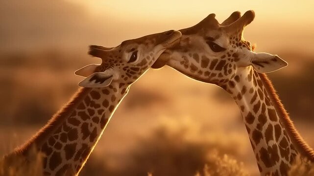 Two giraffes touching heads in savannah at sunset peacefully