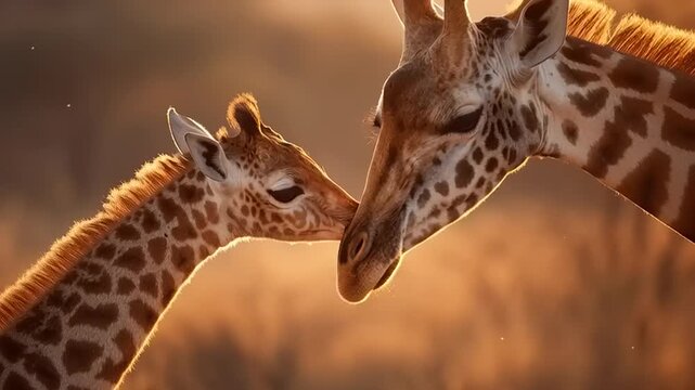 Two giraffes gently touch heads in savannah during sunset