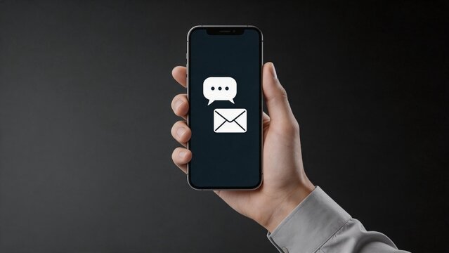 Hand holding smartphone with messaging and email icons