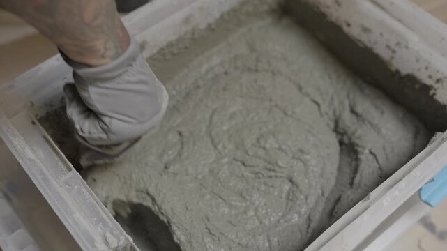 This video shows a close up, overhead view of a mason hand-mixing cement mortar with a steel trowel inside a heavy-duty plastic container.