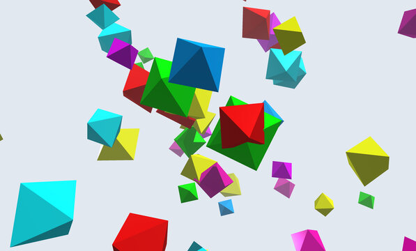 Procedural 3d of vibrant geometric octahedrons floating on white background