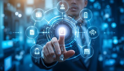 Fototapeta premium Business Professional Using Futuristic Artificial Intelligence Dashboard with Digital Business Analytics, Smart Automation, Cloud Computing, Data Visualization, Cybersecurity Network, Machine Learning