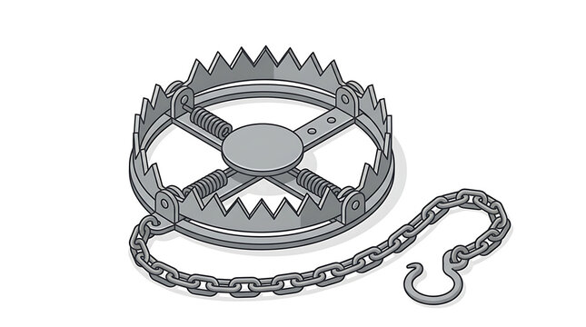 A metal bear trap with sharp teeth and a chain lies open on the ground.