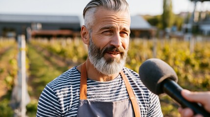 Obraz premium Winemaker speaking to a microphone at a vineyard. Concept of wine industry news interview.