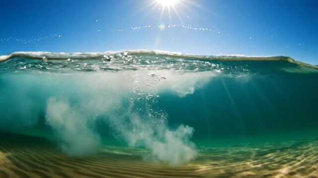 Split view of a large ocean wave breaking underwater as sunlight pierces through the clear water
