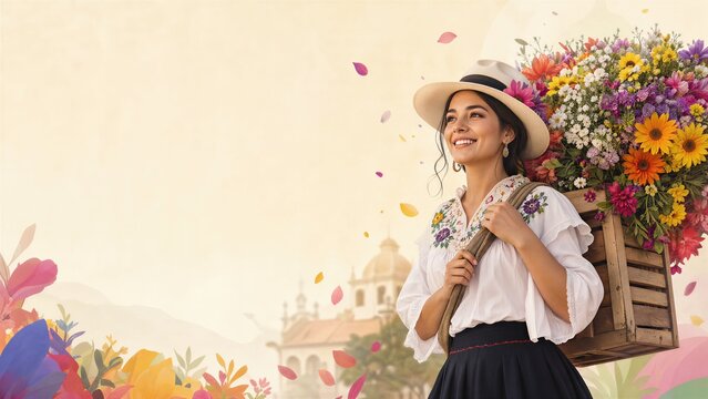 Colombian woman wearing traditional costume carrying a large wooden crate filled with colorful spring flowers. Silletera participating in the traditional La Feria de las Flores festival.