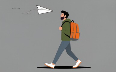 Obraz premium Man walks with backpack, paper airplane flies ahead on gray background.